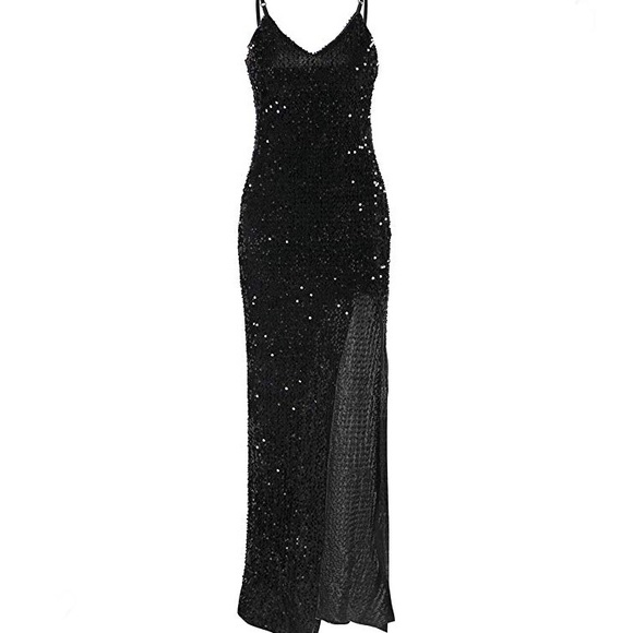 Black Sequin Gown With Slit - Picture 2 of 6